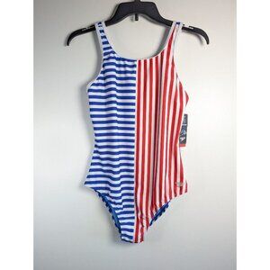 SPEEDO Swimsuit Kid Girls Size 16 One Piece Stripe Chlorine Resistant Summer NEW